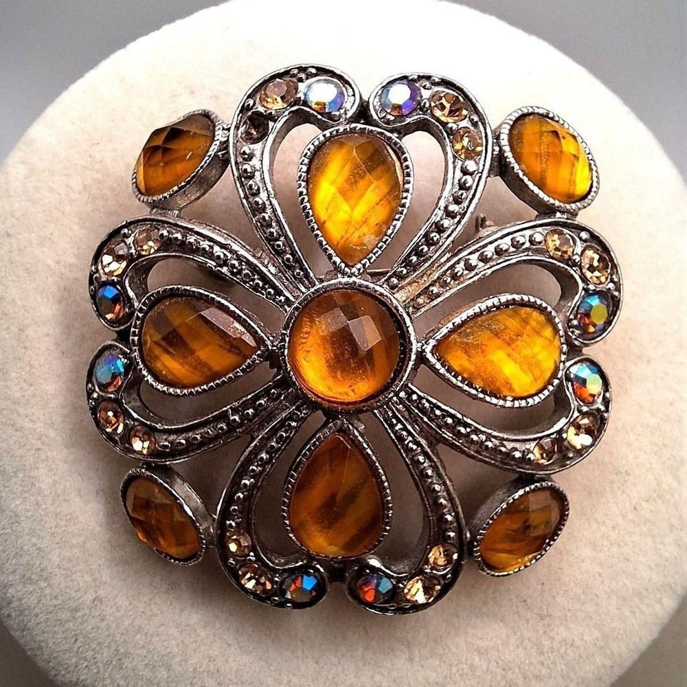 Vintage heart brooch AB rhinestones whisky color checkerboard cut pears rounds